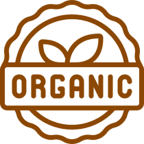 Brown emblem with the word "Organic" and a leaf graphic above it.