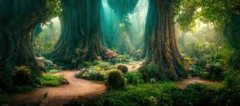 Enchanted forest clearing with forked paths