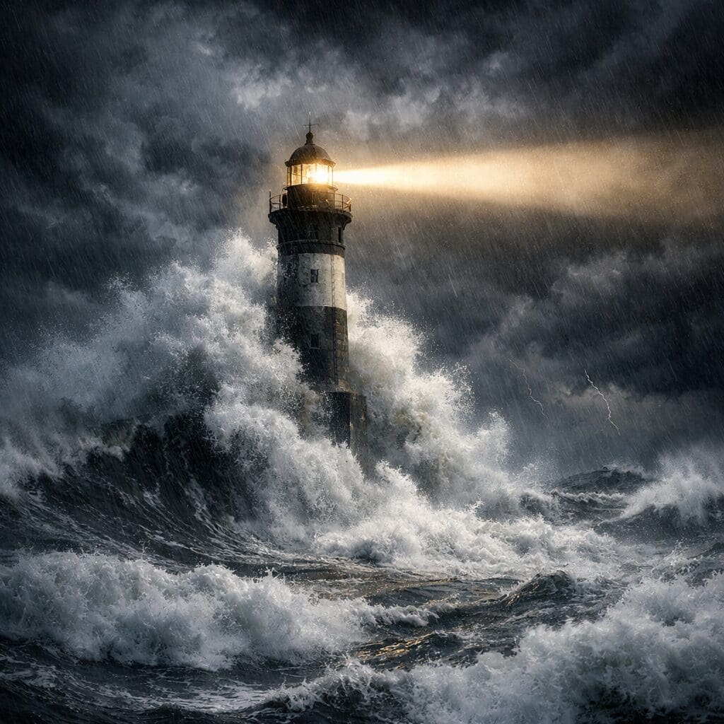 Lighthouse shining through towering storm waves