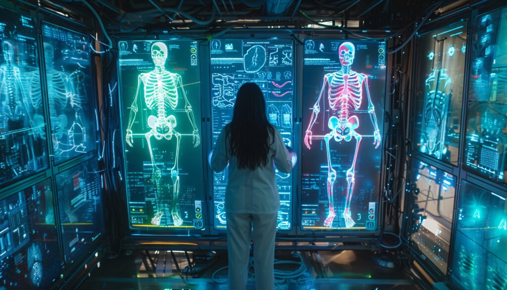 Person viewing holographic skeletal scans