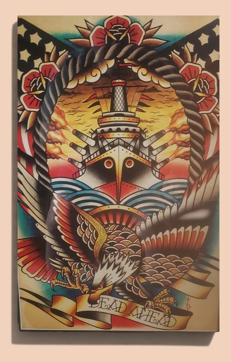 Traditional tattoo art eagle and battleship