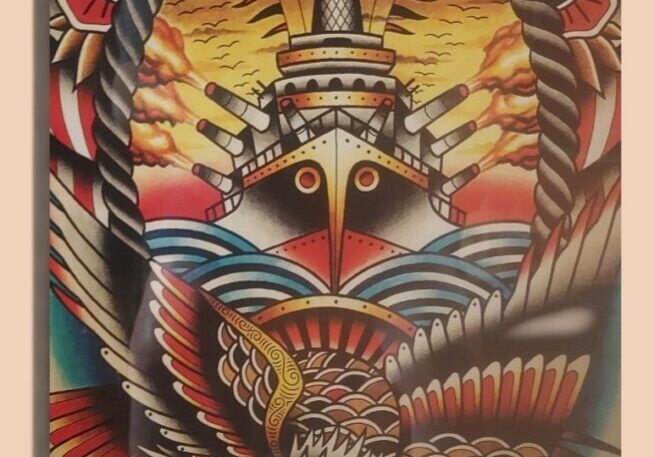 Traditional tattoo art eagle and battleship