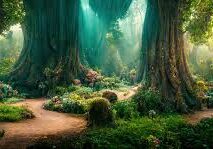 Enchanted forest clearing with forked paths