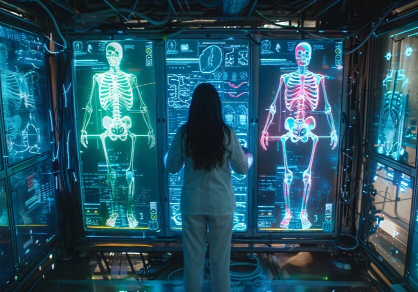 Person viewing holographic skeletal scans