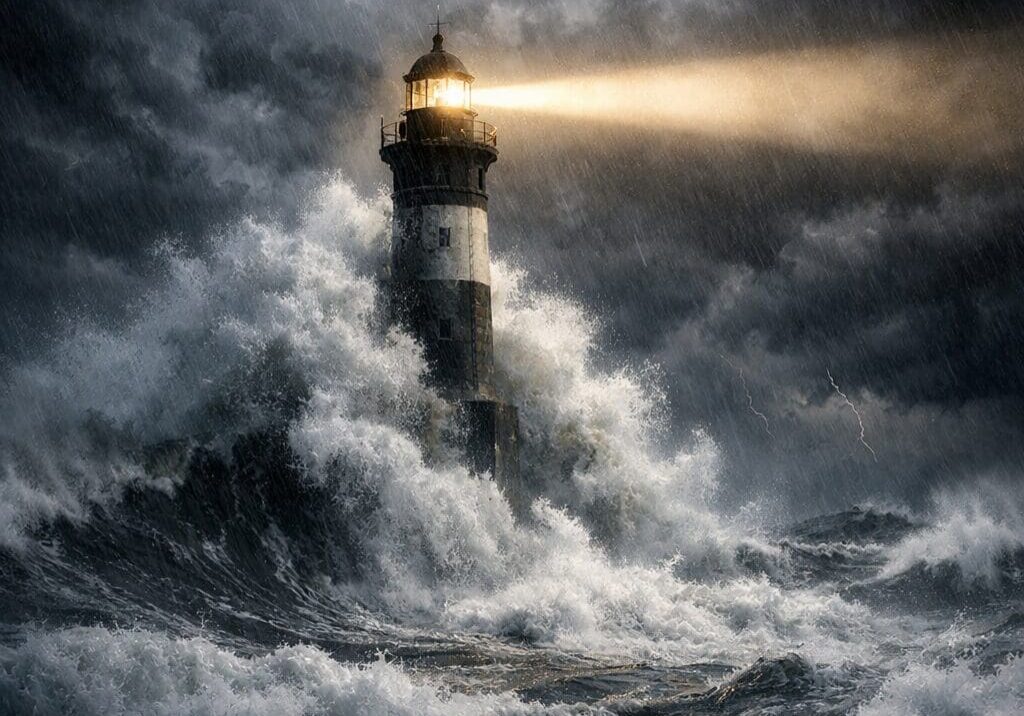 Lighthouse shining through towering storm waves